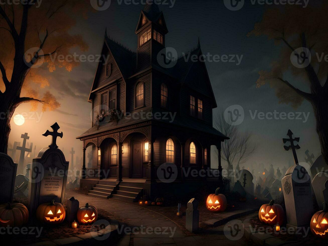mystical house with pumpkin in graveyard ai generated photo