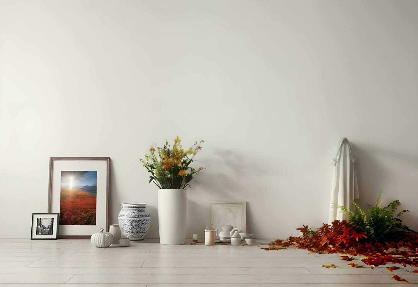 simple interior decoration with autumn leaves ai generated photo