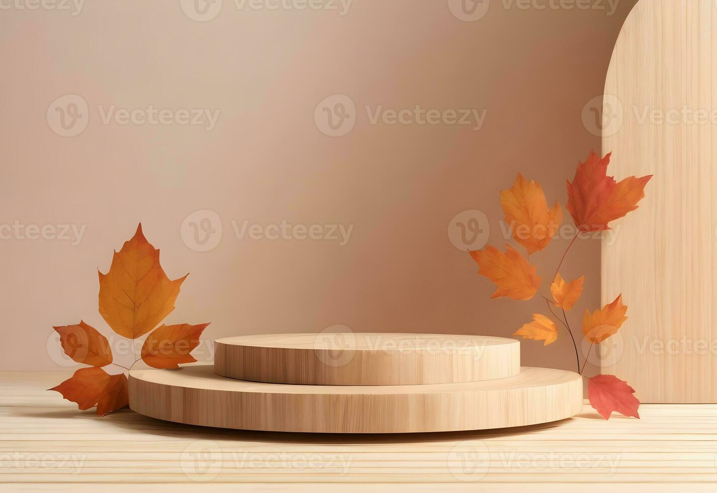 autumn wooden cylinder podium product display mockup ai generated photo