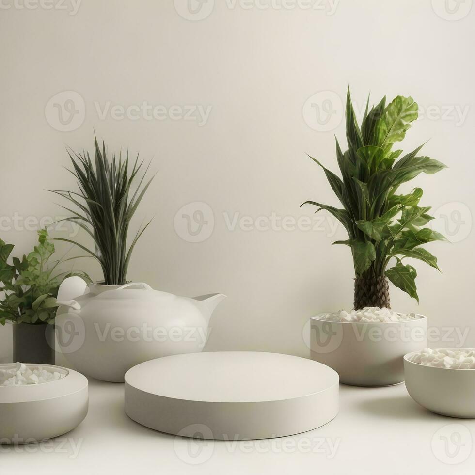 simple podium product mockup display with green plant decoration ai generated photo