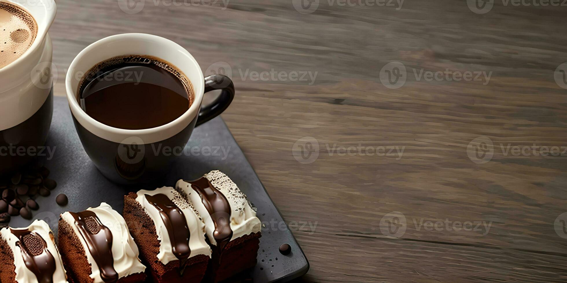 coffee and cake on wooden table copy space ai generated photo