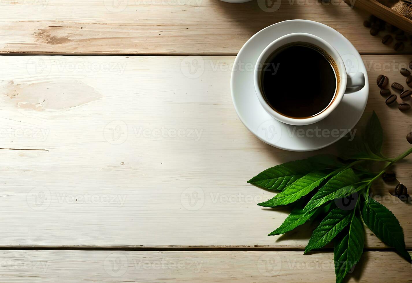 flat lay top view a cup of coffee with coffee beans and green leaves on wooden table ai generated photo