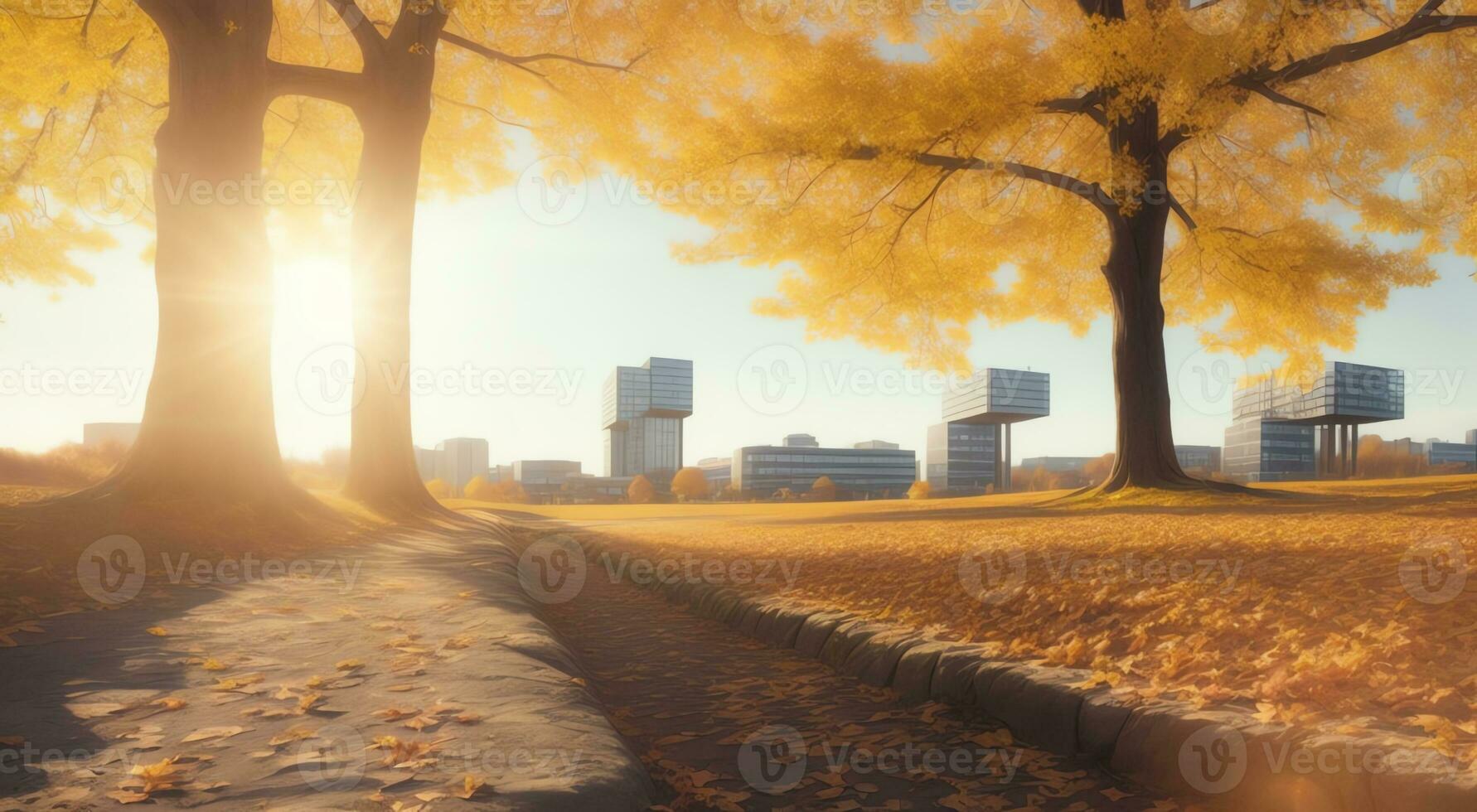 photo autumn scene with tree and building ai generated