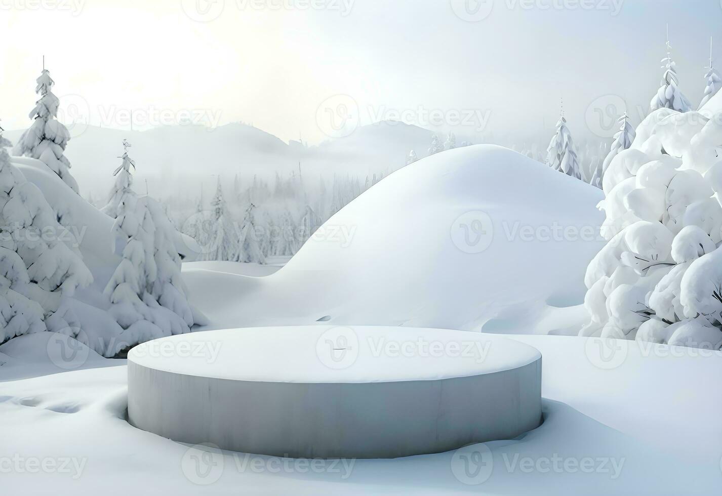 cylinder podium product display mockup surrounded by snow ai generated photo