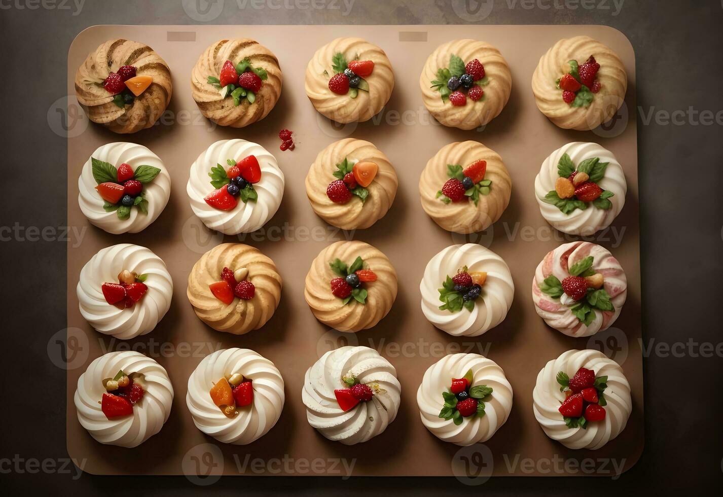 assorted small cake flat lay ai generated photo