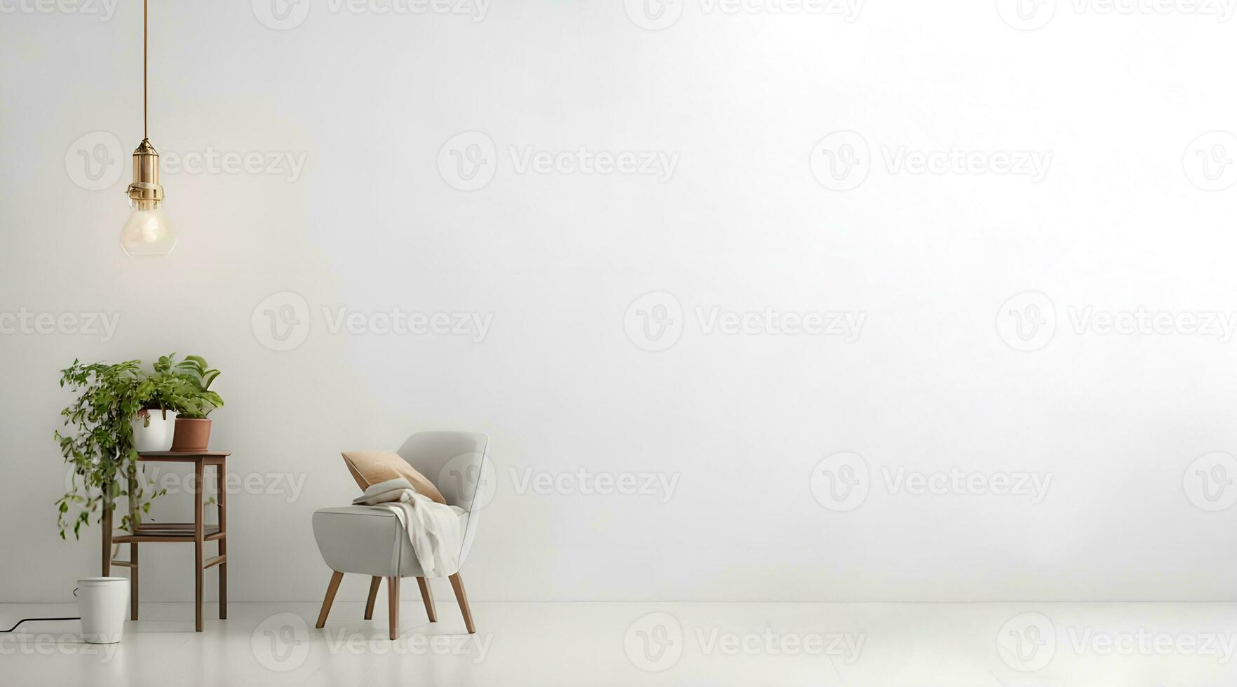 isolated chair, lamp and green plant with copy space background ai generated photo