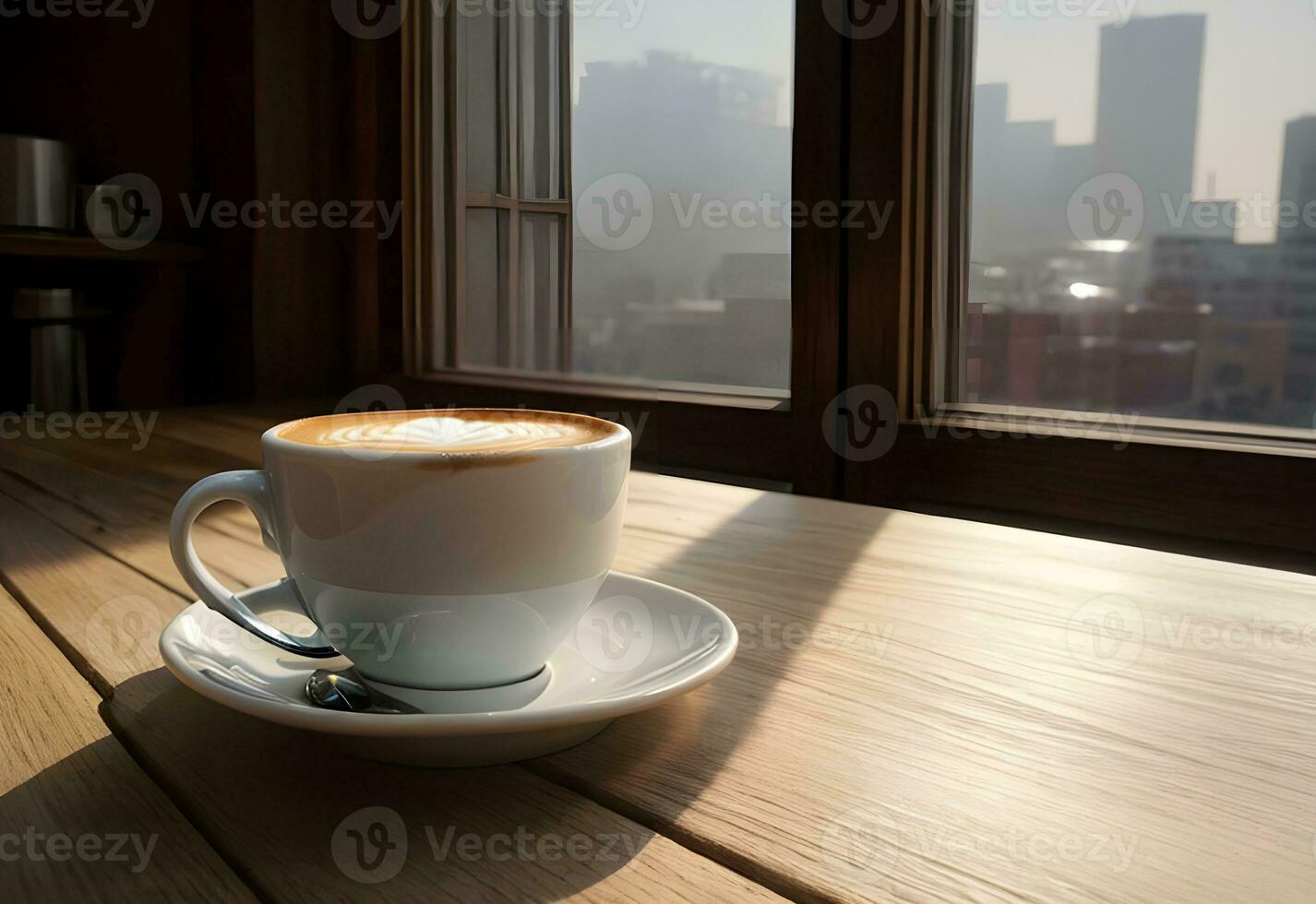 un taza de café en mesa con ventana antecedentes ai generado foto