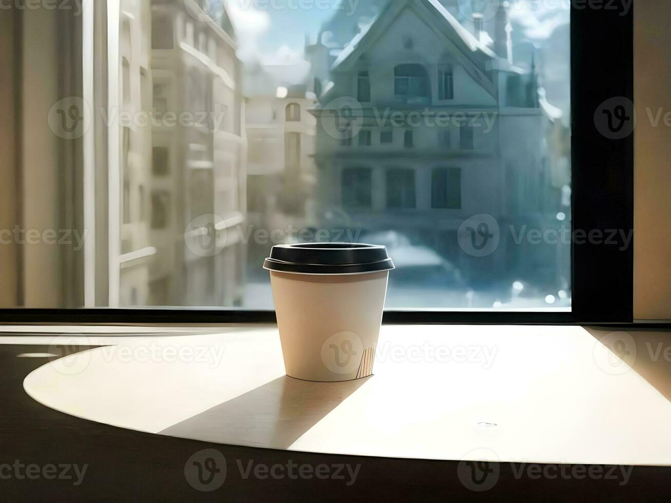 view a cup of coffee with window background ai generated photo