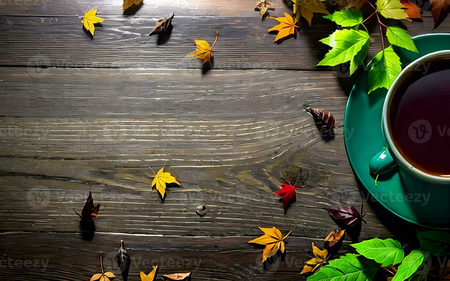 top view flat lay a cup of coffee with leaves in wooden table ai generated photo