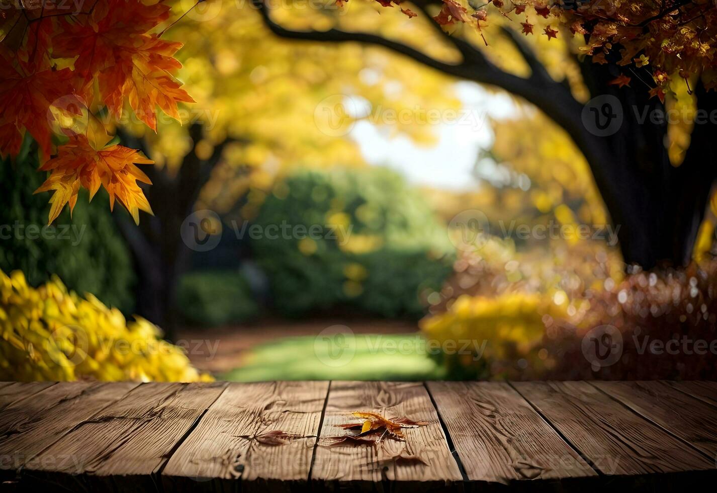 empty wooden table mockup with autumn garden background ai generated photo