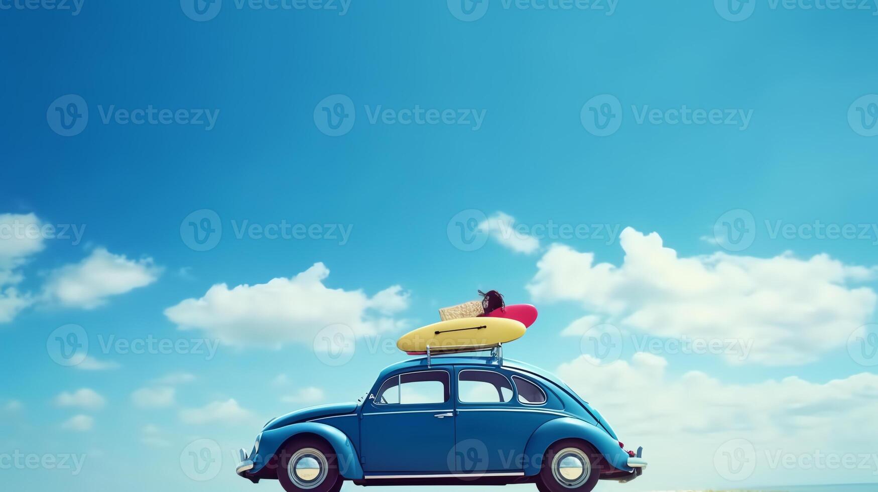 photo blue classic car with beach trip concept under blue sky