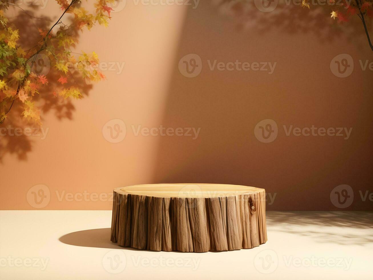 wooden log product mockup podium with autumn themes background ai generated photo