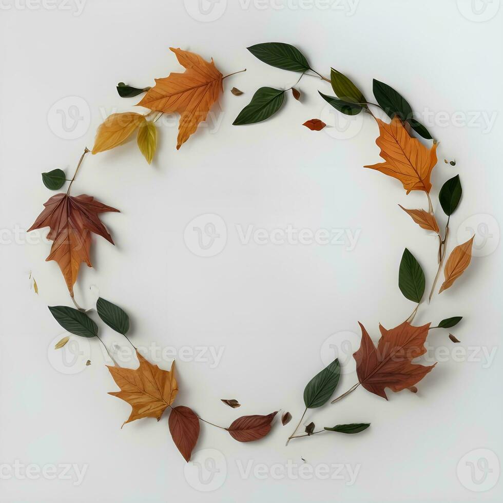 creative autumn leaves flat lay with copy space in white background ai generated photo