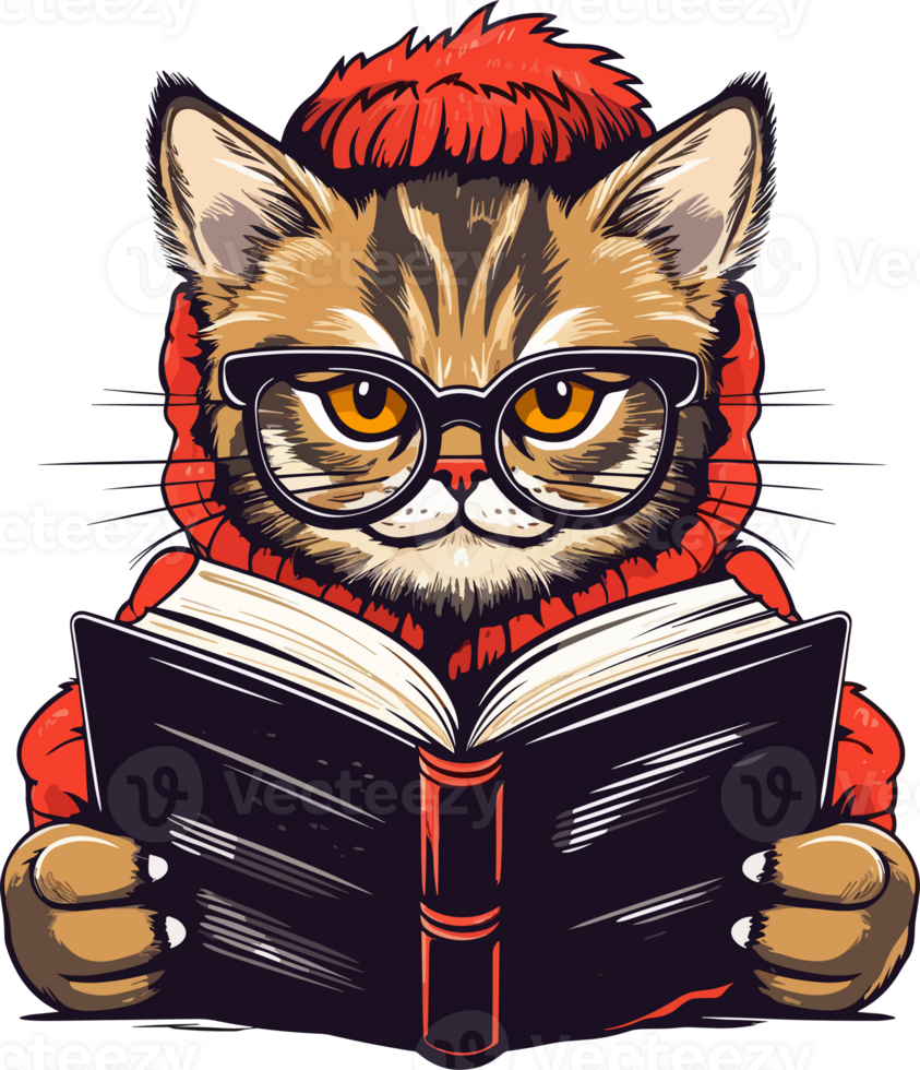 Cat with glasses reading book Illustration png
