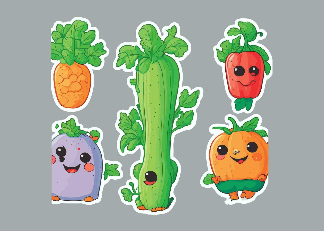 cute cartoon stickers of vegetable with eyes , hands and legs vector