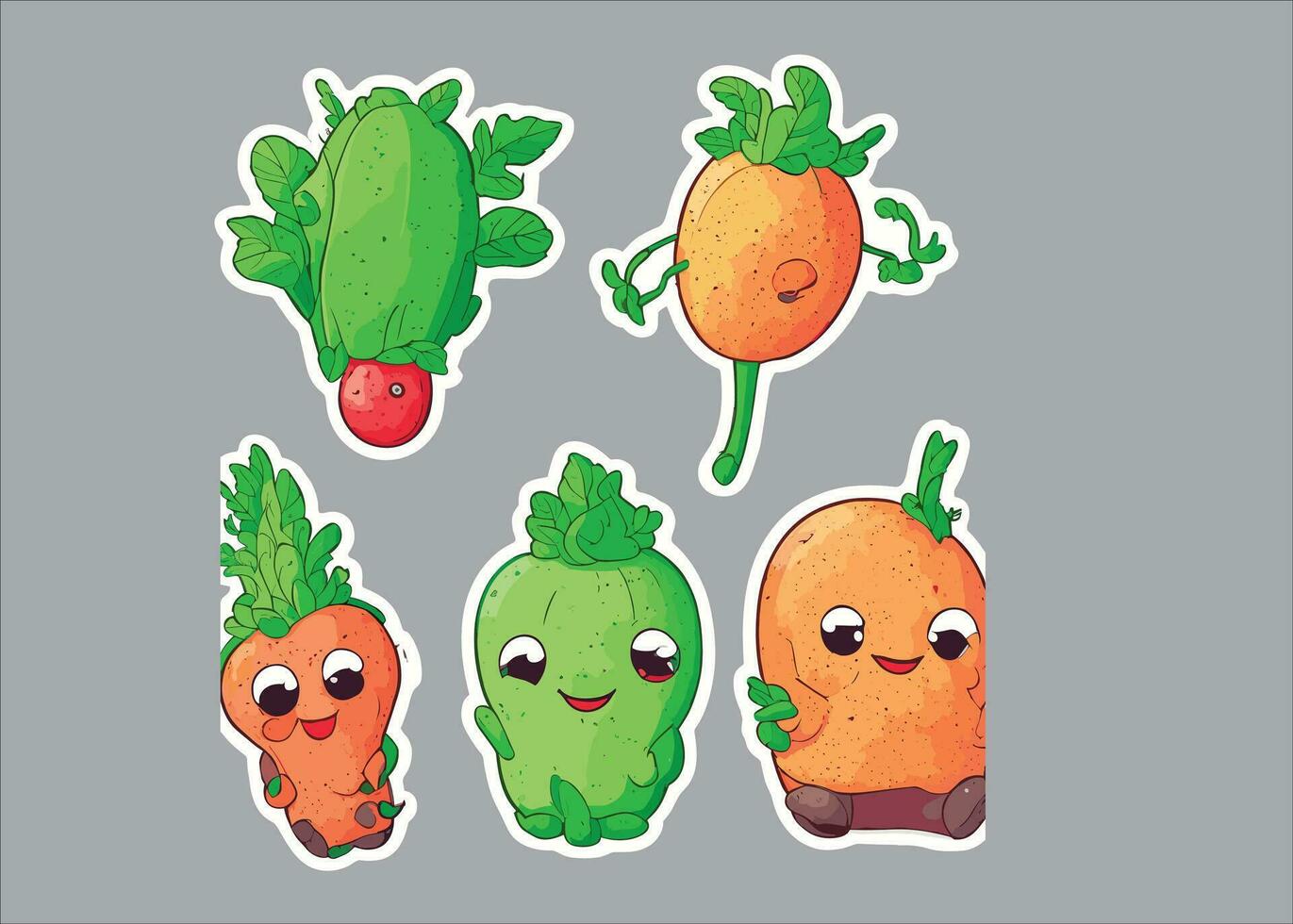 cute cartoon stickers of vegetable with eyes , hands and legs vector