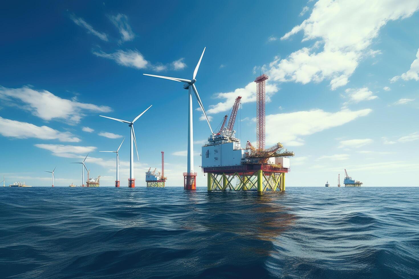 Aerial view of Offshore oil and gas rig construction station platform on the sea. Industry searching for fuel and energy, extract process petroleum and natural gas at ocean beneath seabed. photo