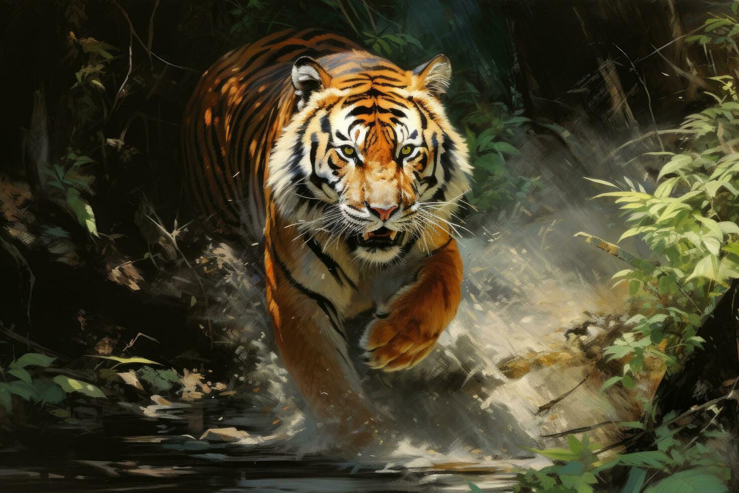 Bengal Tiger hiding or lurking in the forest hunting for preys, animals wildlife concept, Animal in the jungle, dangerous time. photo