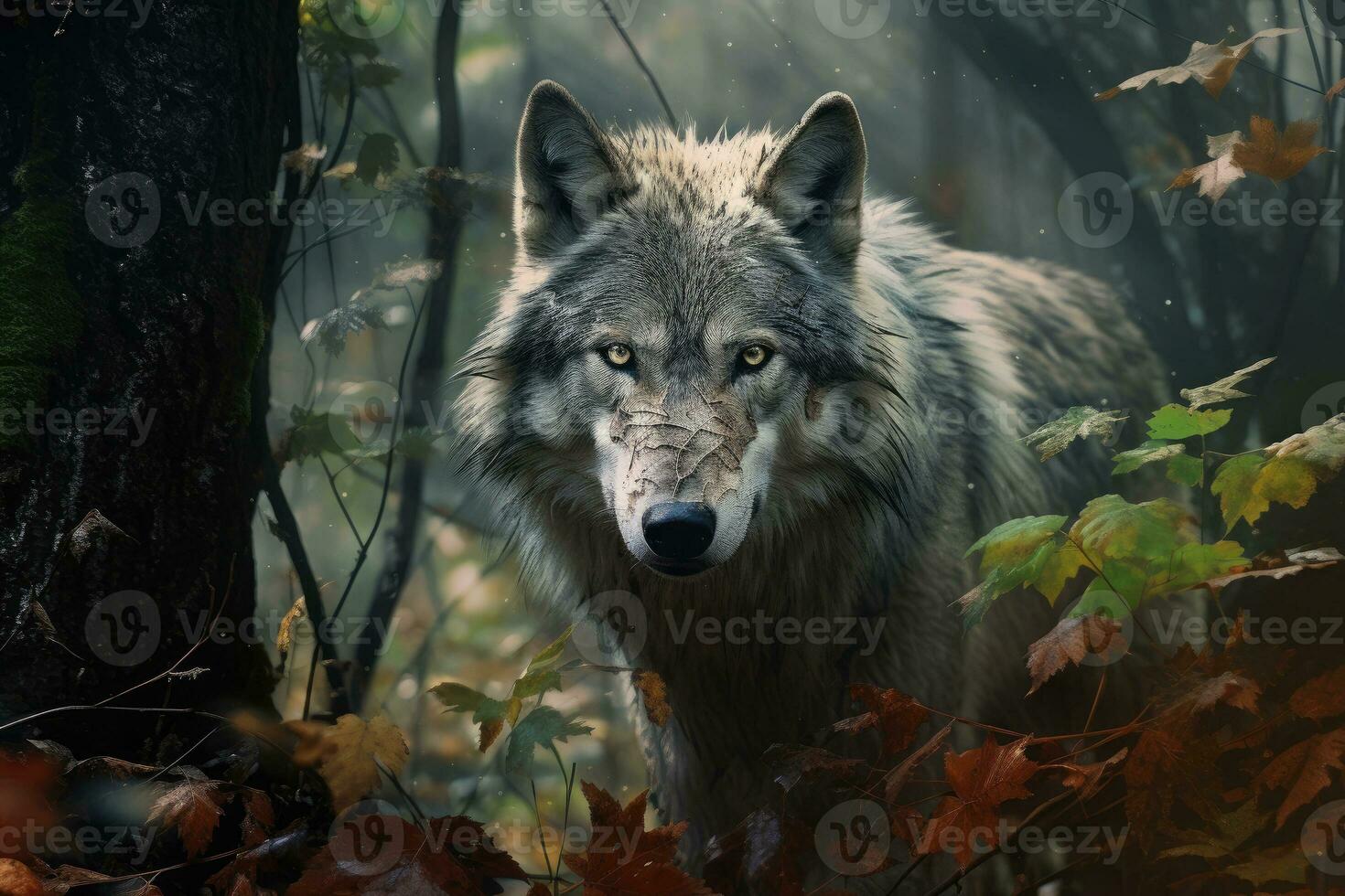 retrato de gris lobo ocultación o alfombrilla de ratón en el bosque caza para presas, animales fauna silvestre concepto, animal en el selva, peligroso tiempo. foto