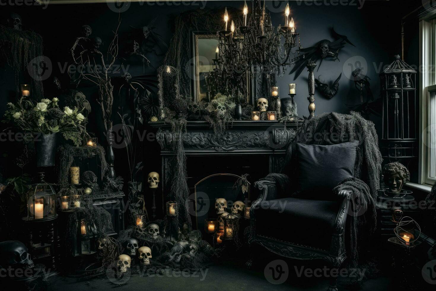 Dark house decoration for Halloween party background with Pumpkin candle in Spooky Night, ghost day design concept, Haunted Houses scene. photo