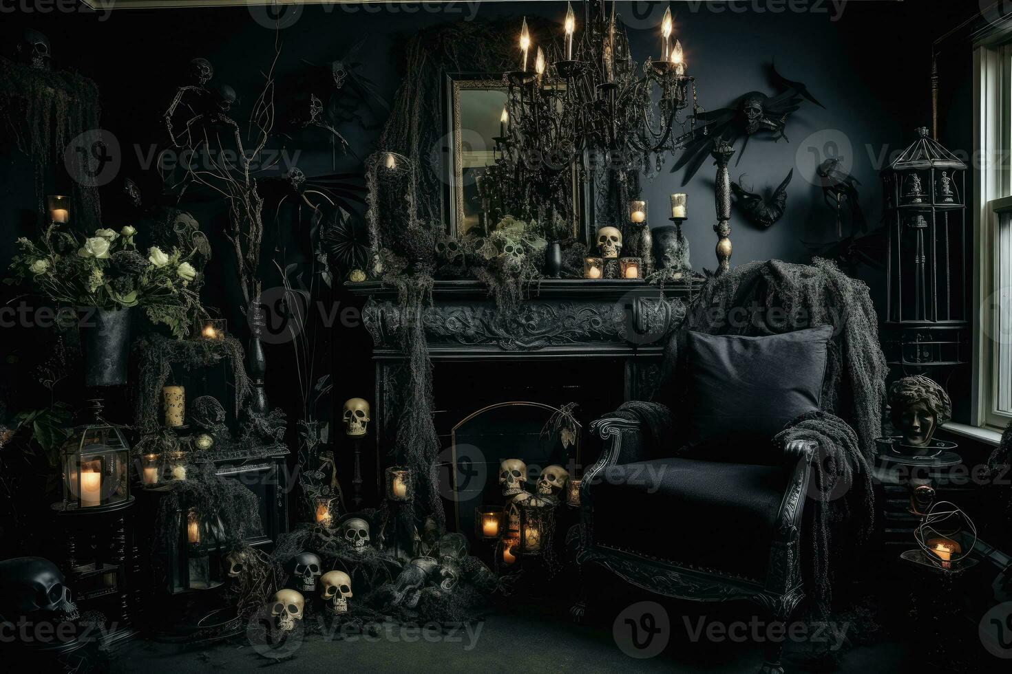 oscuro casa decoración para Víspera de Todos los Santos fiesta antecedentes con calabaza vela en escalofriante noche, fantasma día diseño concepto, obsesionado casas escena. foto