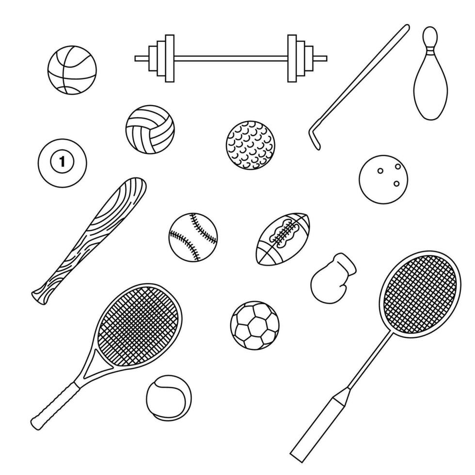 set of sport equipment in outline style. vector