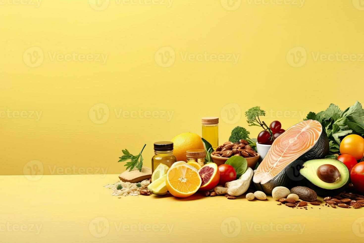 Healthy natural food ingredients with various type of vegetable, fruit and seeds on table, selection for good health. photo