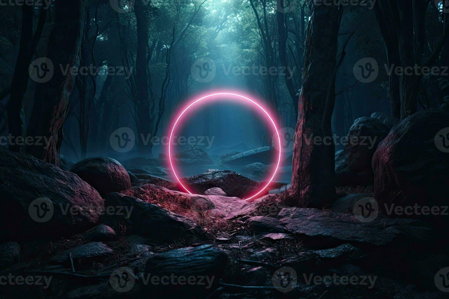 resumen portal Roca portón con neón circulo brillante ligero en el oscuro madera bosque espacio paisaje de cósmico, rocoso montaña Roca campo, espectro ligero efecto. foto