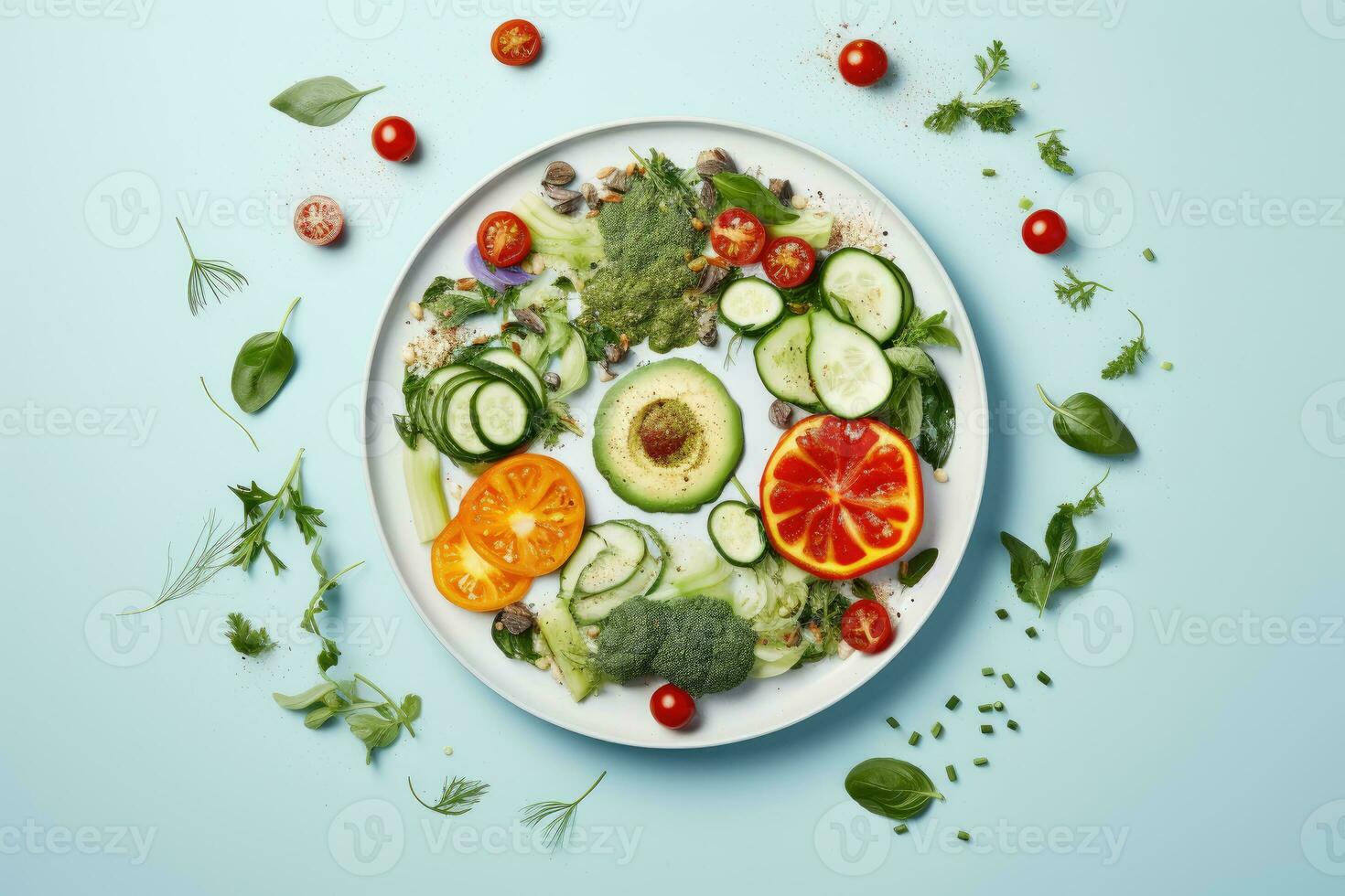 Healthy natural food ingredients with various type of vegetable, fruit and seeds on table, selection for good health. photo