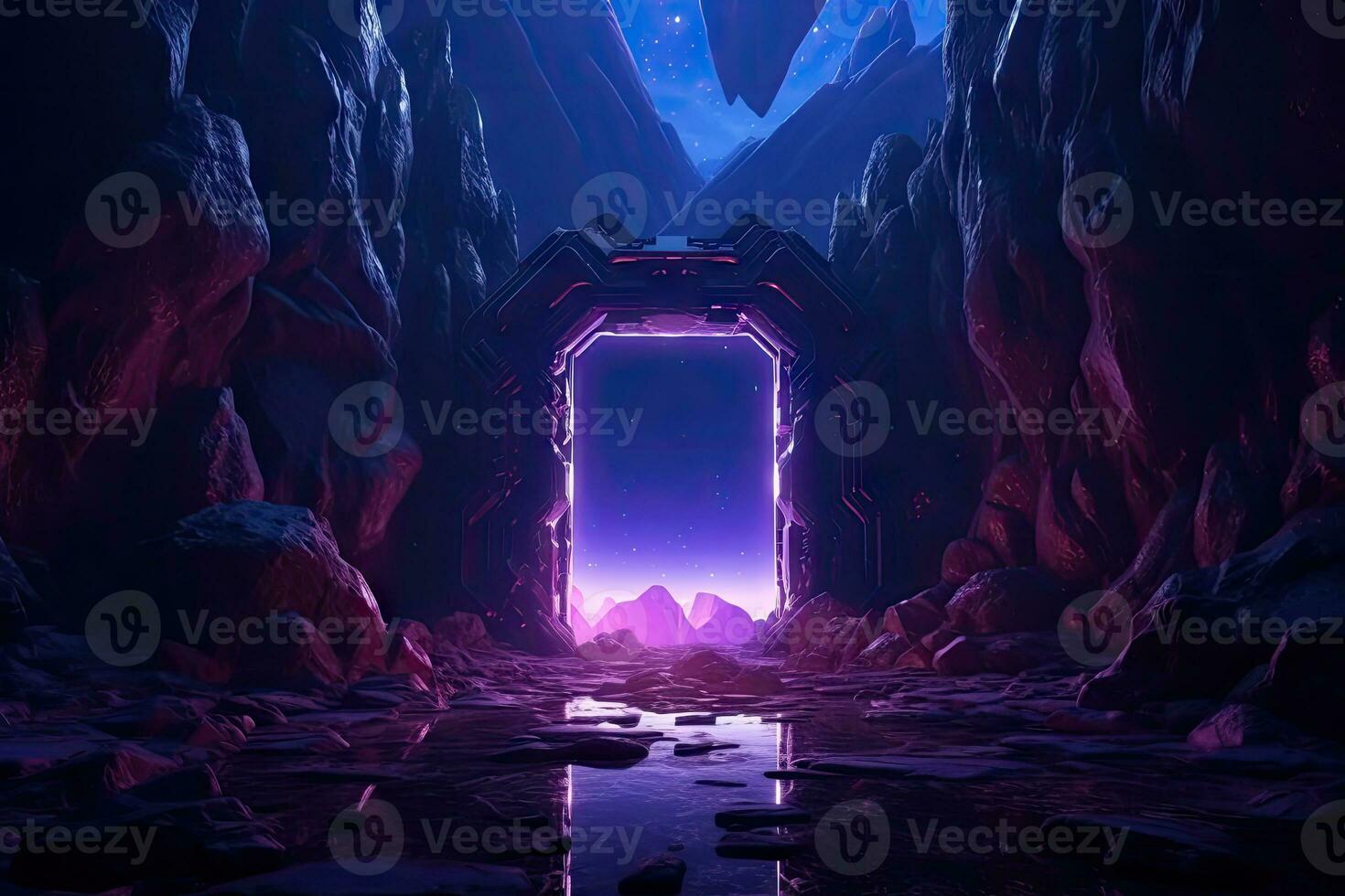 Abstract portal stone gate with neon circle glowing light in the dark space landscape of cosmic, rocky mountain stone field, spectrum light effect photo