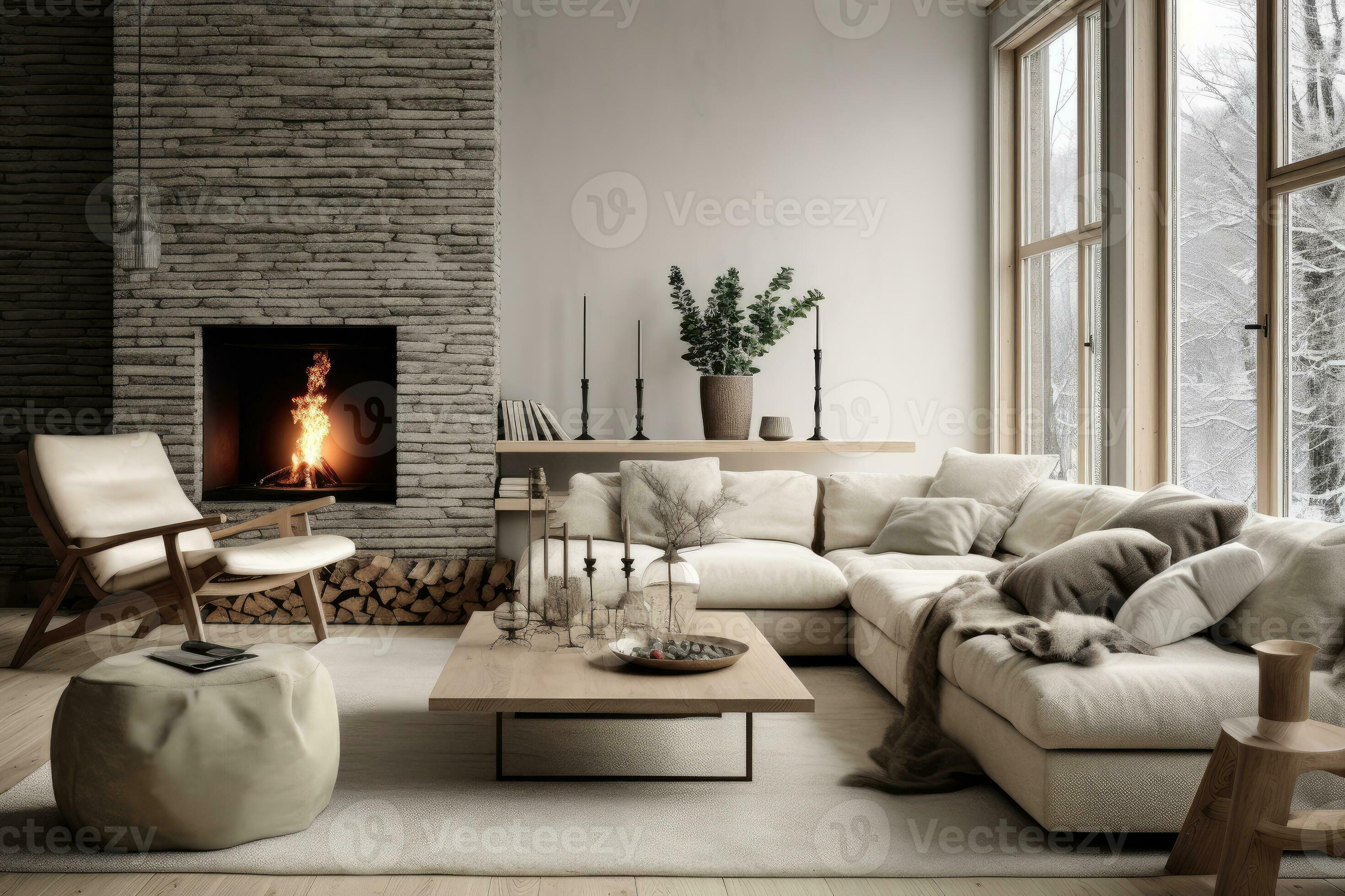 Modern style interior living room warm Scandinavian and cozy with wooden  decoration, Cozy beige tone stylish, furniture, comfortable bed, Minimal  decor design background. 31425521 Stock Photo at Vecteezy
