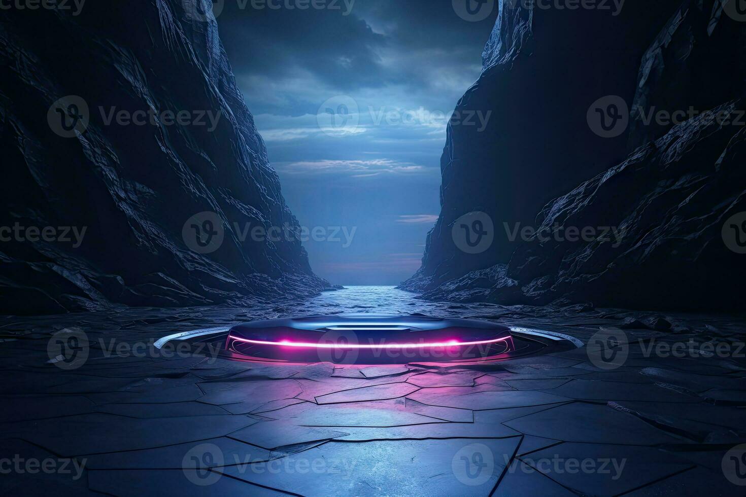 Abstract portal stone gate with neon circle glowing light in the dark space landscape of cosmic, rocky mountain stone field, spectrum light effect photo
