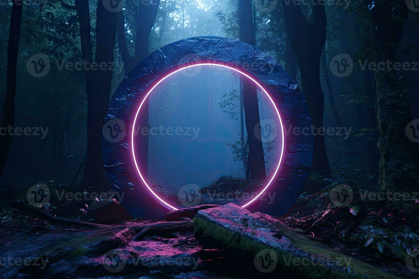 Abstract portal stone gate with neon circle glowing light in the dark wood forest space landscape of cosmic, rocky mountain stone field, spectrum light effect. photo