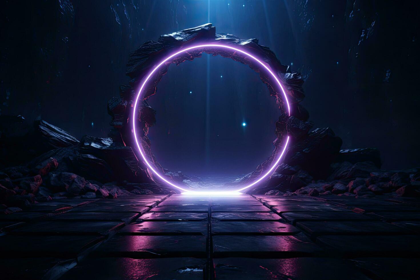 Abstract portal stone gate with neon circle glowing light in the dark space landscape of cosmic, rocky mountain stone field, spectrum light effect photo