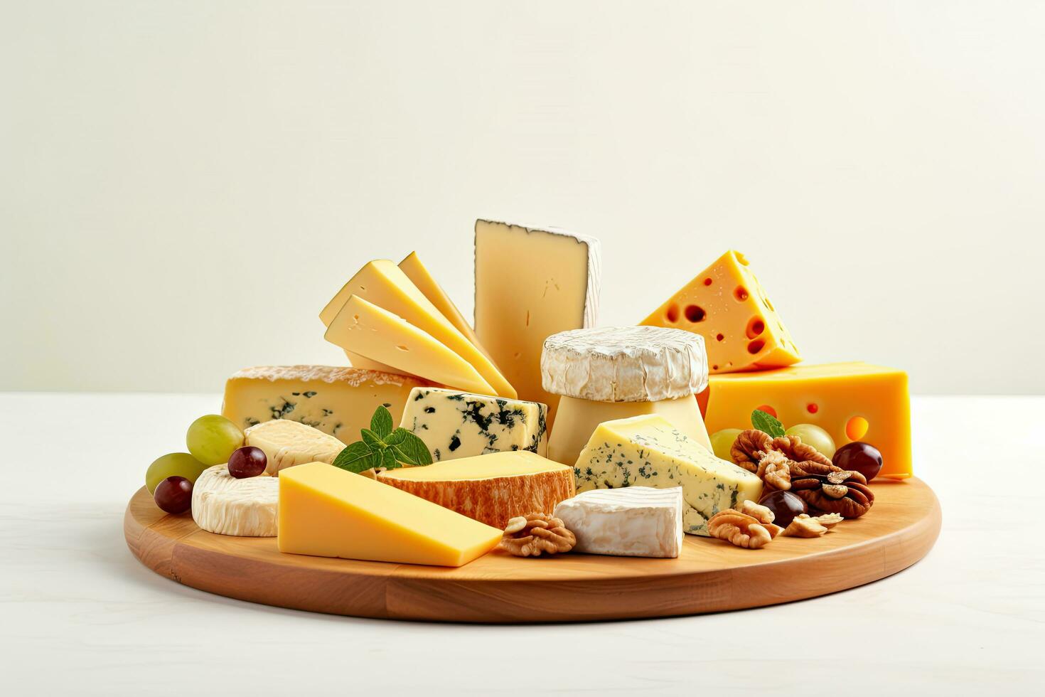 Various stack of delicious cheese on wooden table and blurry natural light in the kitchen background, copy space, food and diet concept. photo