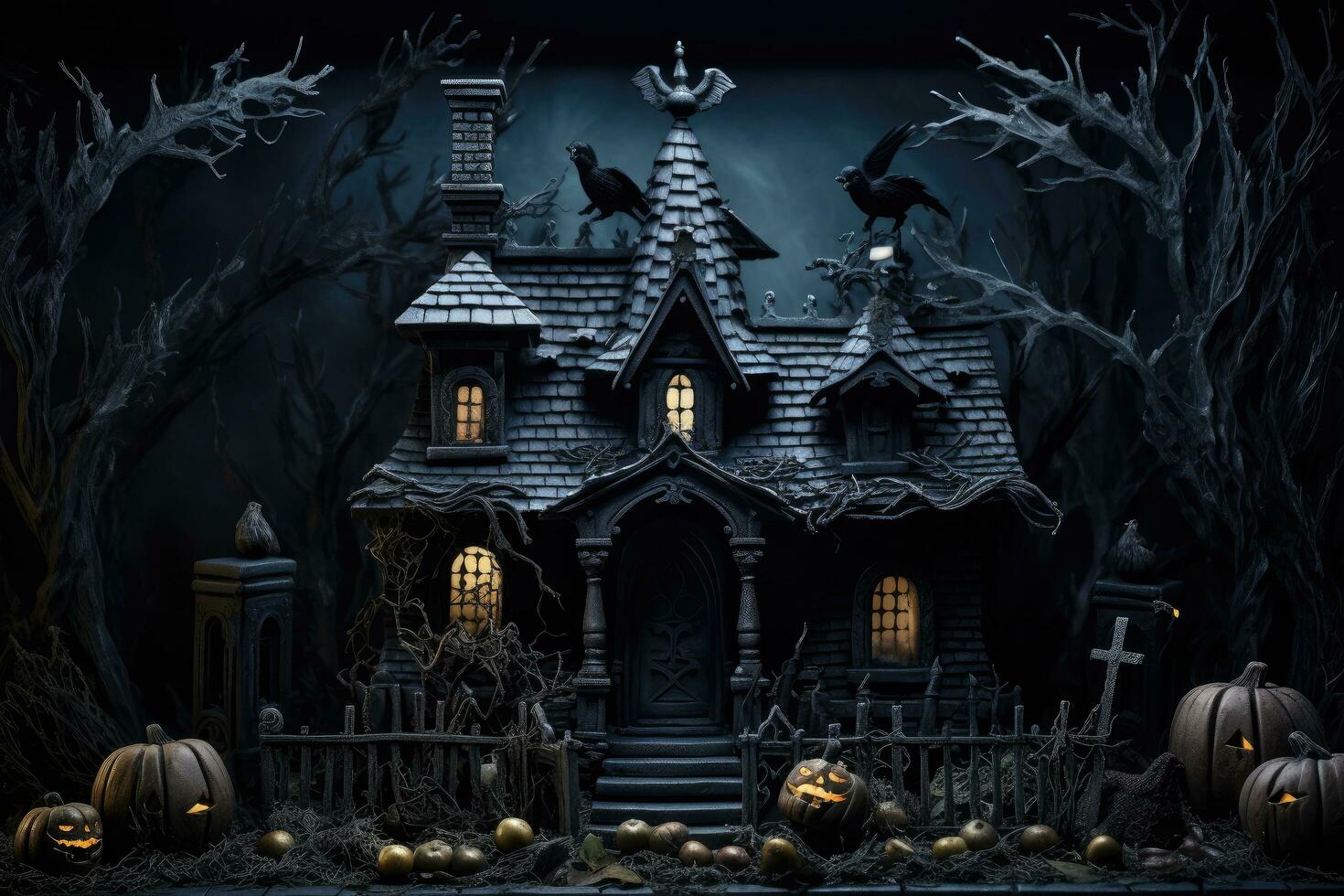 oscuro casa decoración para Víspera de Todos los Santos fiesta antecedentes con calabaza vela en escalofriante noche, fantasma día diseño concepto, obsesionado casas escena. foto