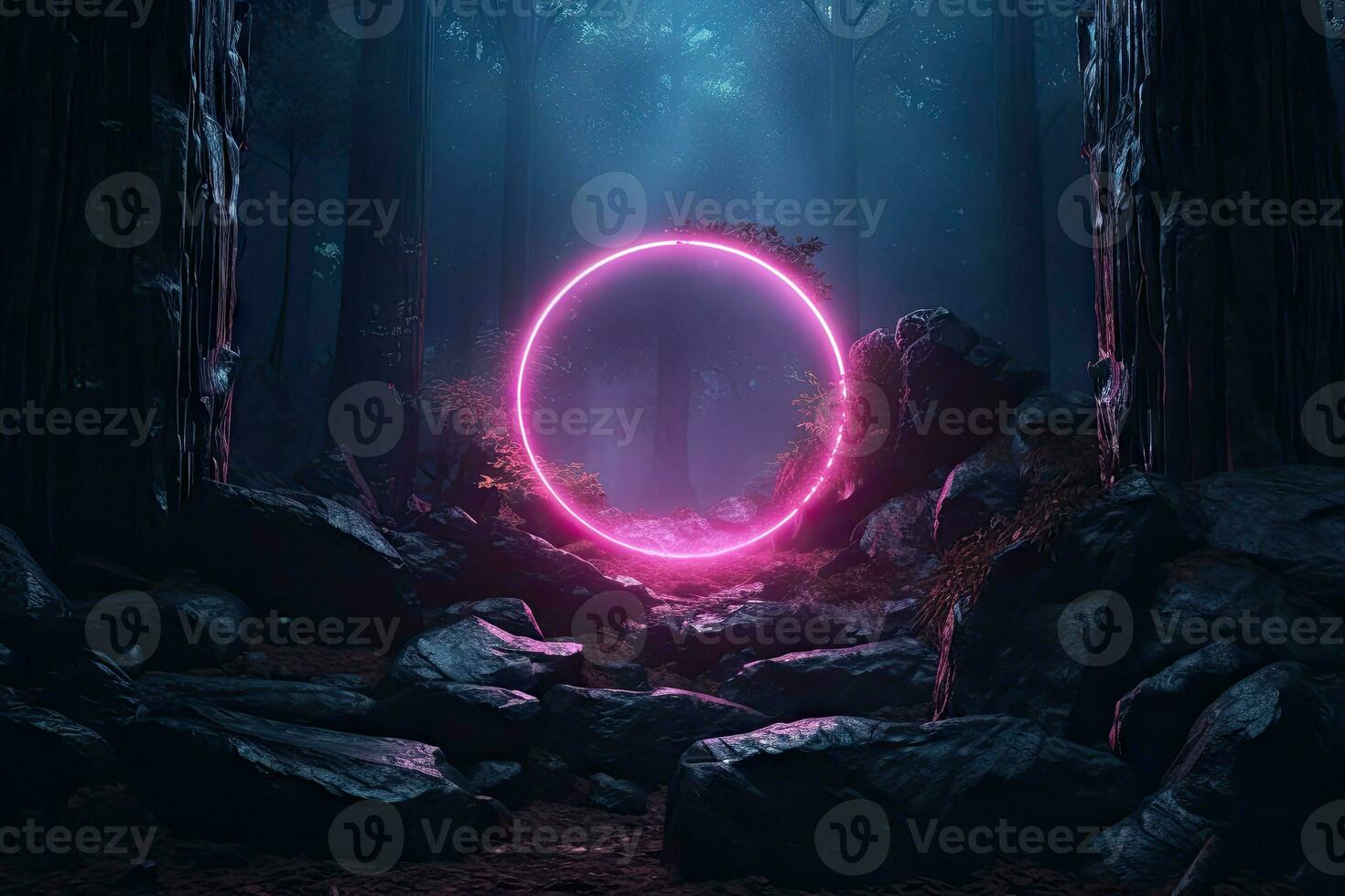 Abstract portal stone gate with neon circle glowing light in the dark wood forest space landscape of cosmic, rocky mountain stone field, spectrum light effect. photo
