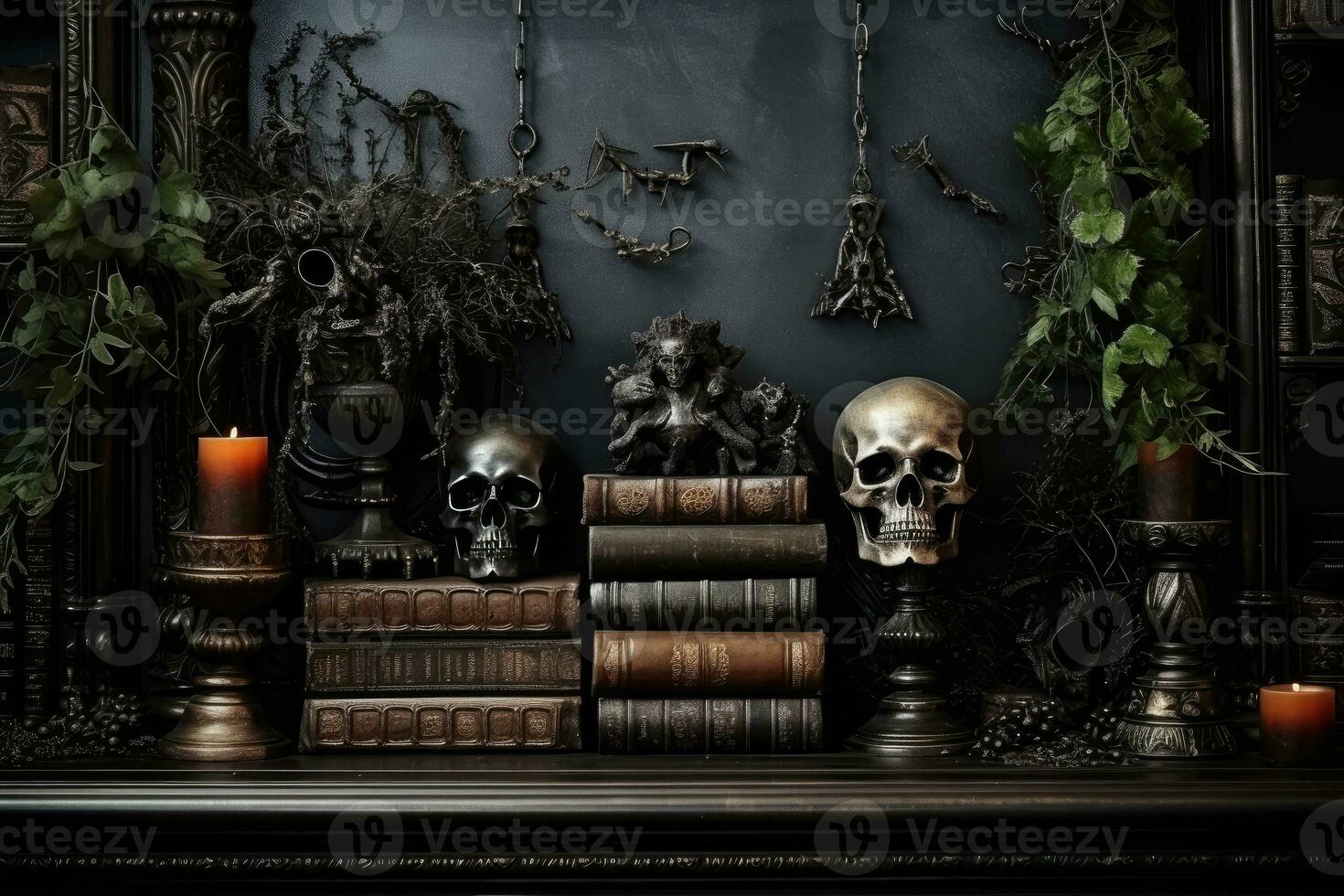 oscuro casa decoración para Víspera de Todos los Santos fiesta antecedentes con calabaza vela en escalofriante noche, fantasma día diseño concepto, obsesionado casas escena. foto