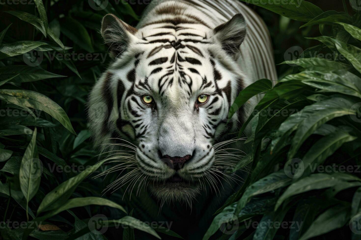 retrato de blanco Tigre ocultación o alfombrilla de ratón en el bosque caza para presas, animales fauna silvestre concepto, animal en el selva, peligroso tiempo. foto