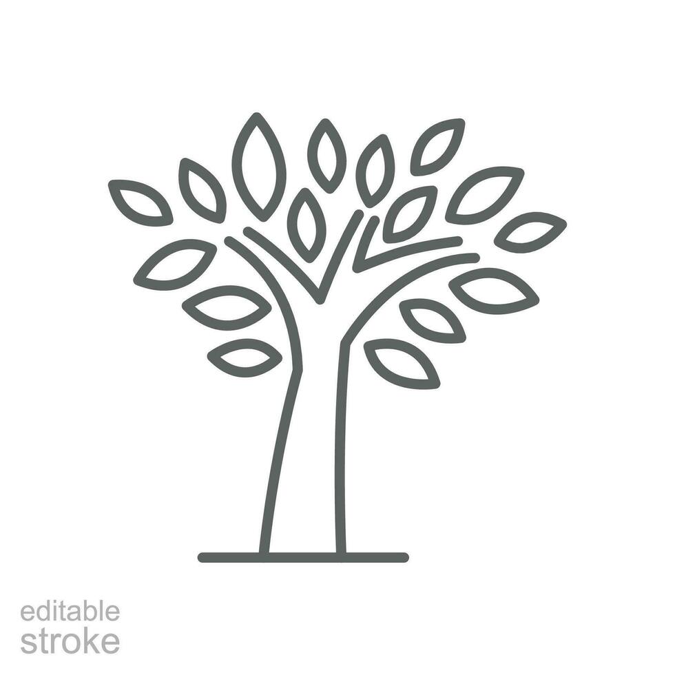 Stylized tree icon. Simple outline style. Growth branch, leaves, trunk, vintage concept. Thin line symbol. Vector illustration isolated. Editable stroke.