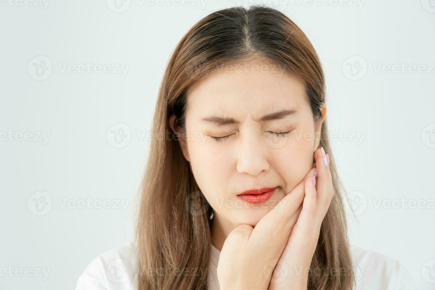 Asian woman feel toothache from gingivitis, female suffer tooth, decay problems, dental care. sensitive tooth, decay problem, bad breath, Gingival Recession, Oral Hygiene instruction, tooth extraction photo