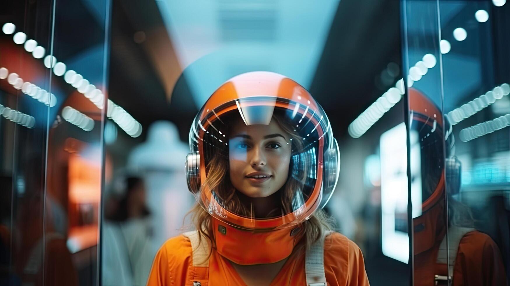 A woman chooses a space suit in the shopping meta universe. Exploring the Fashion Frontier. Woman in Space Suit Selects Innovative Space Fashion in Meta Universe. photo