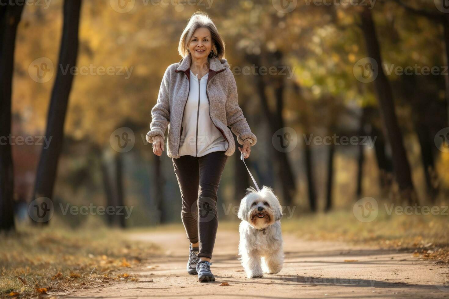 old sportive woman walking her dog in the park in autumn day, AI Generated photo