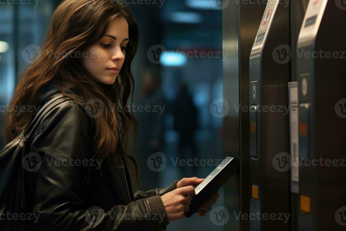 Woman hand inserting a metro ticket to enter a subway station. Metro ticket for public transport in the city. AI Generated photo