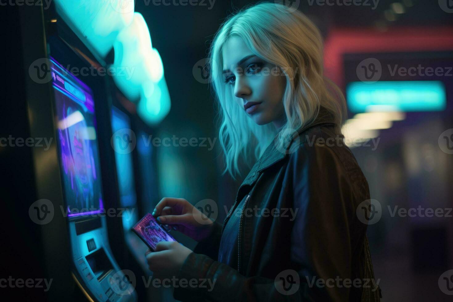 Lady using ATM machine to withdraw her money. Close-up of hand entering PIN pass code on ATM bank machine keypad at subway station , AI Generated photo