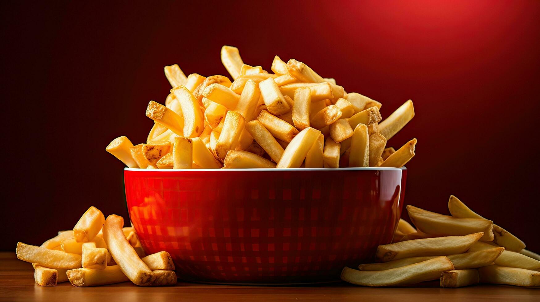 crujiente y sabroso francés papas fritas presentado en un cautivador rojo bol, Perfecto para Agua en la boca bocadillo antojos ai generado foto