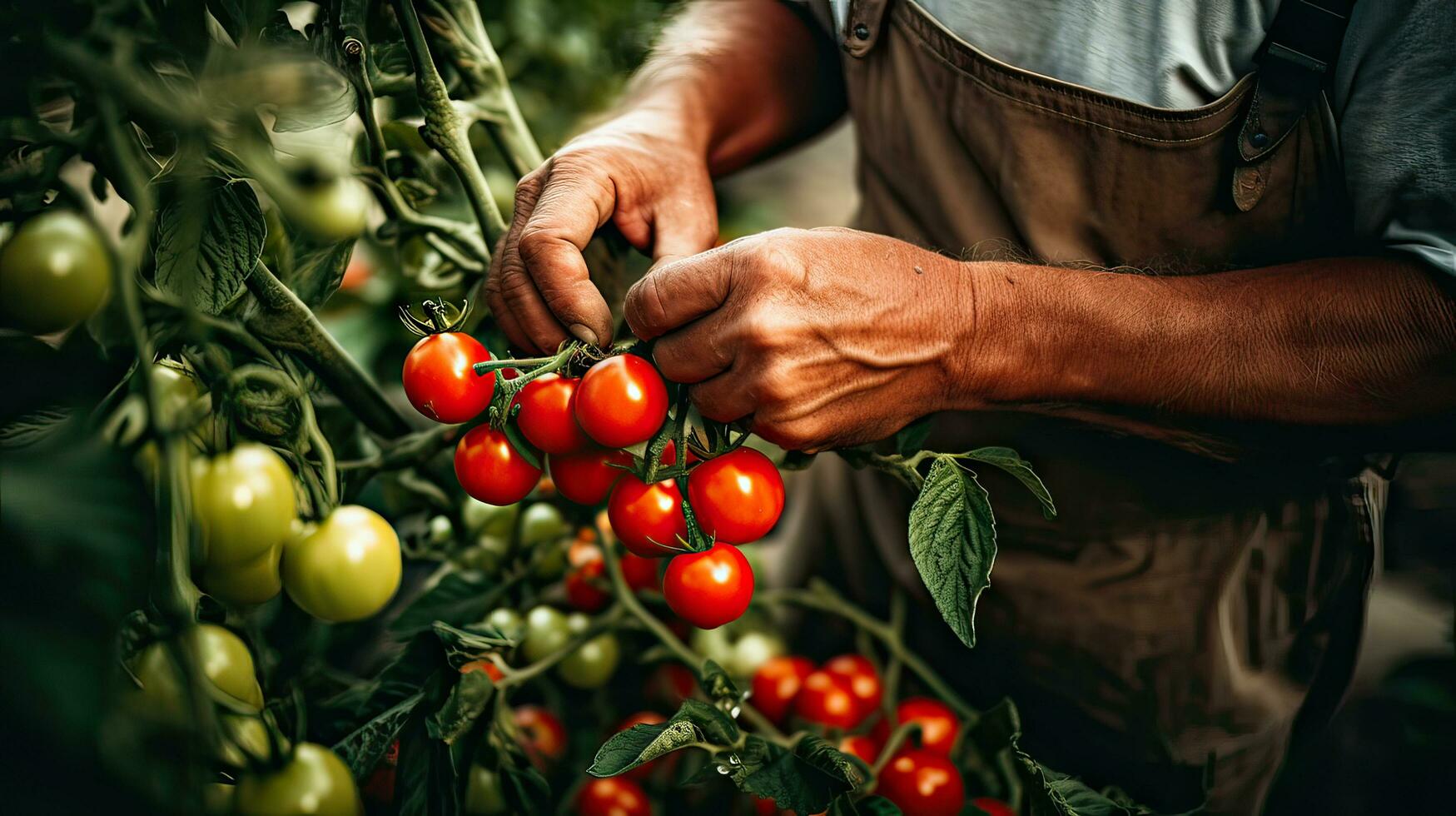 abundante cosecha. jardinero coleccionar maduro rojo Tomates desde lozano verde arbusto, celebrando abundancia. ai generado foto