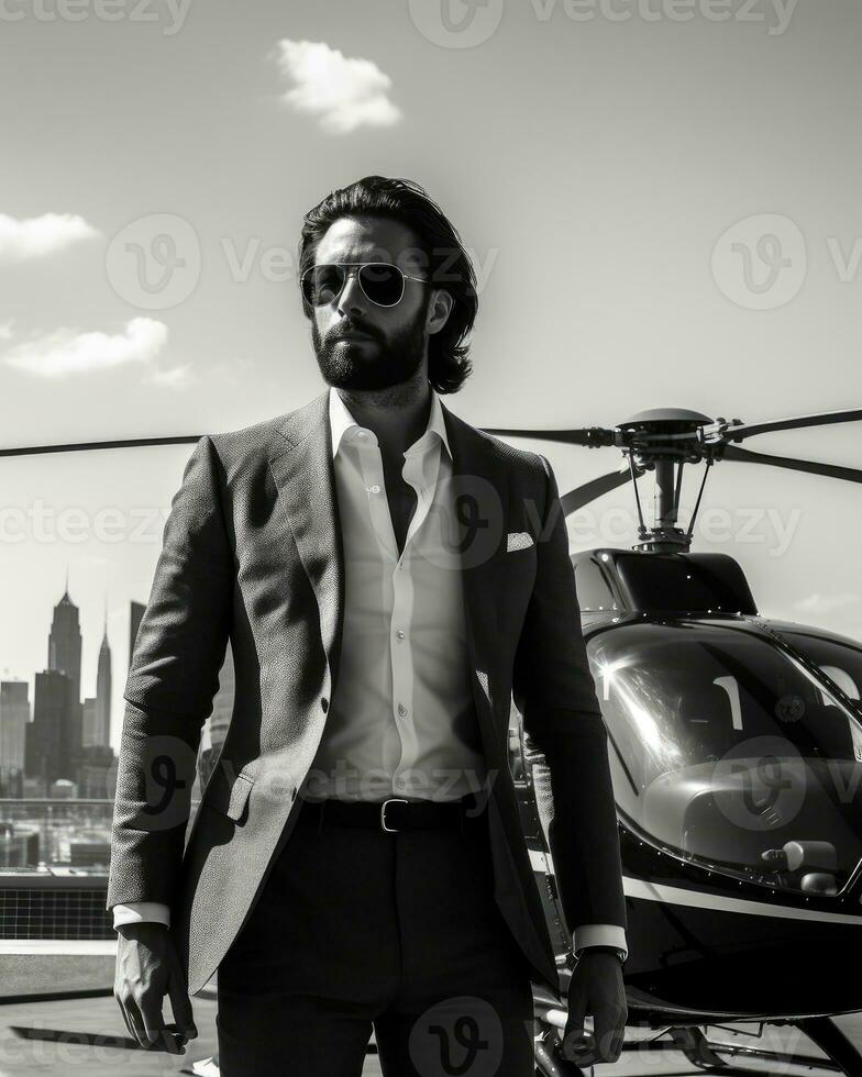 Businessman standing near private helicopter, AI Generated photo