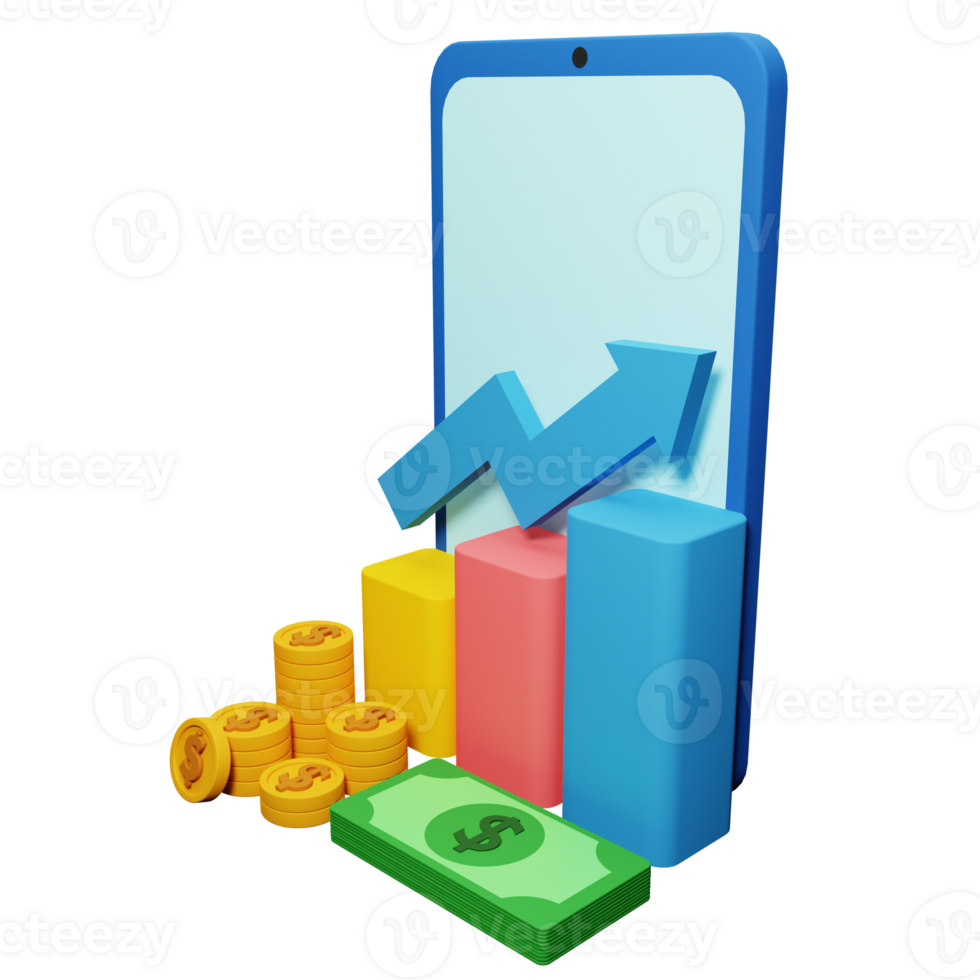 png Datei von 3d Wachstum Lager Diagramm mit Münzen investieren Symbol und Handy, Mobiltelefon Telefon