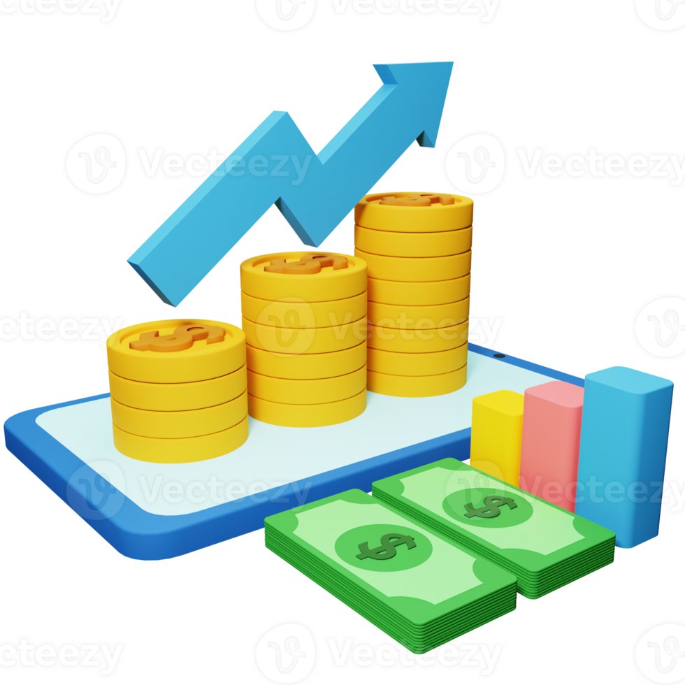 PNG file of 3d growth stock chart with coins investing icon and mobile phone